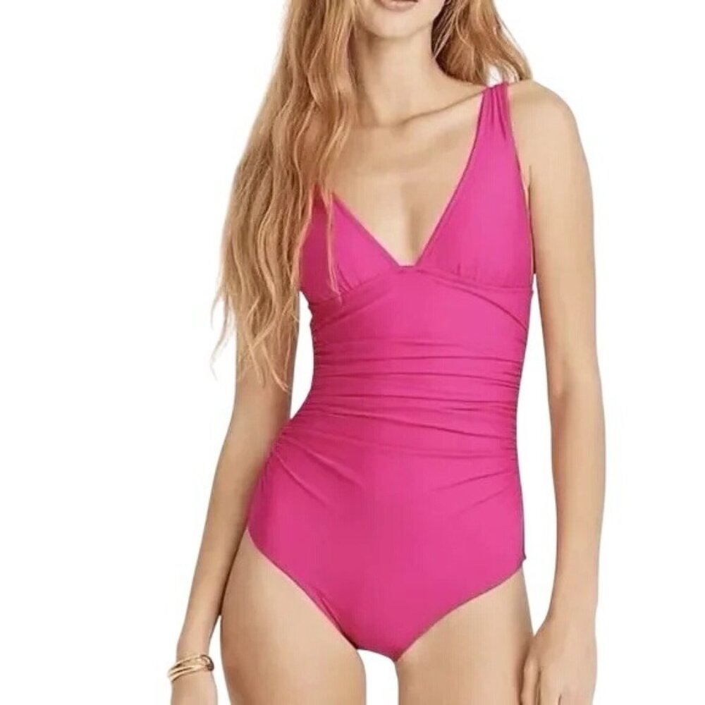 J Crew Ruched V Neck One Piece Swimsuit Radiant Fuschia Pink BC116 NWT
